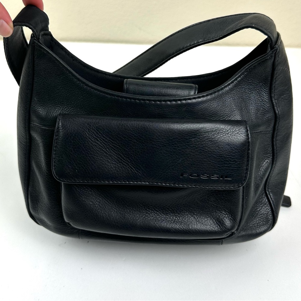 Vintage Y2K Fossil Shoulder Bag Purse Black Pebbled Leather Minimalist